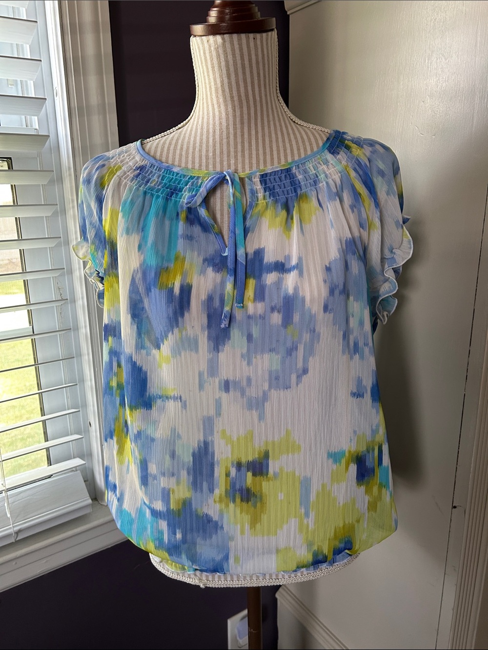 Liz Claiborne Blue, Yellow & White Smocked-Neck Blouse